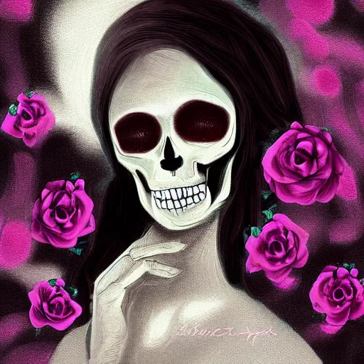 Prompt: 💀🌸🌹, peaceful, digital painting, soft lights