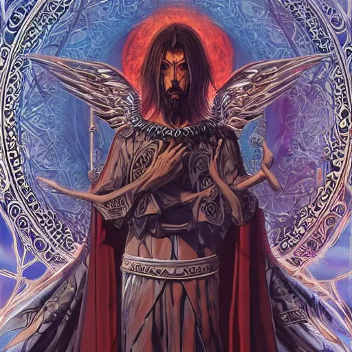 Prompt: 4K headshot portrait of godlike Warlock of Nazareth with defined arms and open hands and bloody clothes with giant mandala wings , intricate face , flawless anime cel animation by Kentaro Miura, psychedelic , highly detailed upper body , professionally post-processed , beautiful, scary, symmetry accurate features, epic, octane rendered, anime masterpiece, accurate by Craig Mullins, ilya kuvshinov, krenz cushart, epic , artgerm trending on artstation by Edward Hopper and Dan Mumford and WLOP and Rutkovsky, beksinski carl spitzweg moebius and tuomas kocar, intricate artwork by caravaggio, Unreal Engine 5, Lumen, Nanite