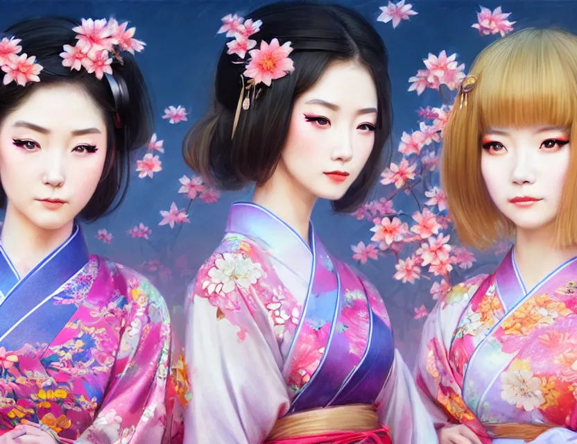 Image similar to two beautiful fashion taiwan girls wear fantasy yukata in festival | | big eyes, sunny, dreamlike art, realistic shaded, smile, good looking, fine details, 4 k realistic, cryengine, realistic shaded lighting poster by greg rutkowski, magali villeneuve, artgerm, jeremy lipkin and michael garmash and rob rey