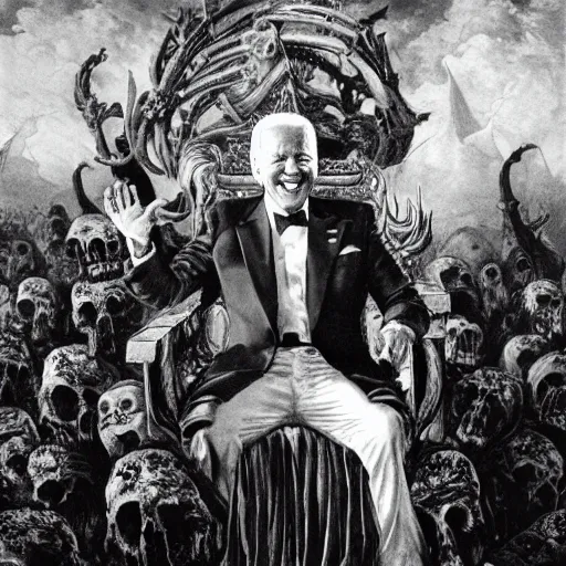 Prompt: Joe Biden sitting on a throne of skulls with his sunglasses on and smiling while waving, oil on canvas, 1883