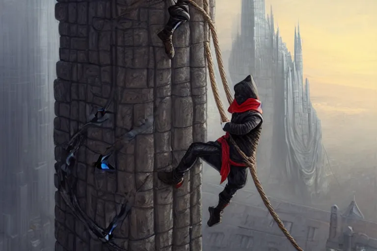 Image similar to landscape painting of a hooded thief in leathers using a rope to climb a tall building inside a fantasy city, fine details, magali villeneuve, artgerm, rutkowski