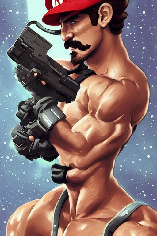 Image similar to gigachad luigi bodybuilder in space by ilya kuvshinov, ernest khalimov body by krista sudmalis, super mario bros symmetrical face concept art, hyper realistic, intricate, elegent, highly detailed, digital painting, concept art, smooth, sharp, focus, illustration, art by artgerm and greg rutkowski and alphonse mucha, artstation