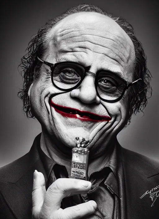 Image similar to photo of Danny Devito 2018 as the Joker by Lee Jeffries, head shot, detailed, award winning, Sony a7R, trending on artstation,