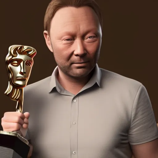 Prompt: limmy brian limond holding bafta award, realistic artstyle, wide shot, dramatic lighting, octane render, hyperrealistic, high quality, highly detailed, hd, beautiful, cinematic, 8 k, unreal engine, facial accuracy, symmetrical,