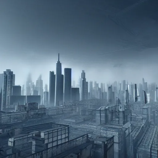 Prompt: the skyline of a dystopian city, highly detailed 3D render