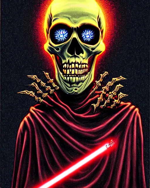 Image similar to zombie skeleton jedi knight meditating, explosive electric energy, in the style of darrell k. sweet, in the style of 1 9 8 0 s, matte, intense atmosphere, high detail, vintage horror