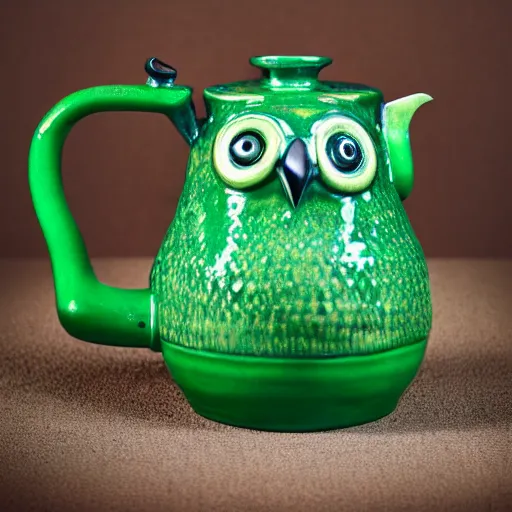 Prompt: still life photograph of an owl kettle with a green handle, glazed ceramic, tilt shift, very beautiful, global illumination, intricate linework, short spout