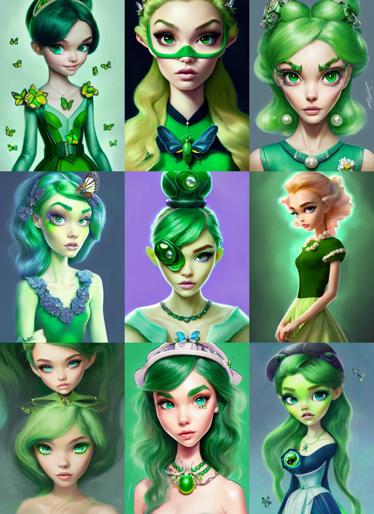 Prompt: pixar portrait, beautiful porcelain green buttercup powerpuff girl pearl, madison beer, butterfly jewelry, sci - fi, fantasy, intricate, elegant, highly detailed, digital painting, ever after high, octane render, artstation, concept art, smooth, sharp focus, illustration, art by artgerm, loish, wlop