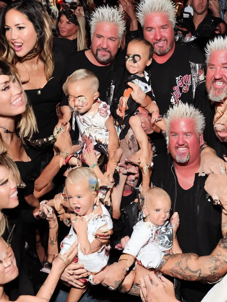 Image similar to olivia munn and miley cyrus and guy fieri holding their baby in a mosh pit