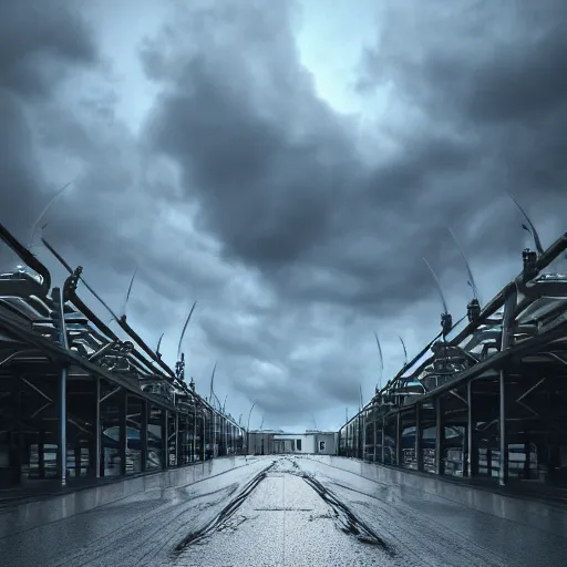 Image similar to Stormy sky with thunders, pipes and vaults system in the background, depth of field, blueshift render, photorealistic, 1128x191 resolution