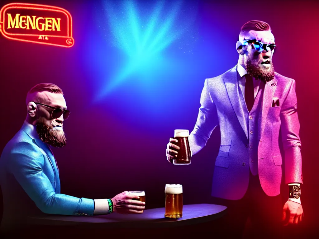 Image similar to conor mcgregor drinking a beer in an irish pub, laser show with blue cloud patterns, well framed, neon standup bar, trending on art station, in the style of the movie heat with al pacino, volumetric lighting & shadows, digital art, unreal engine, 4 0 0 mm f 1. 2,