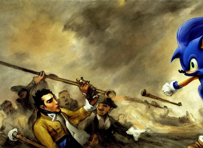 Image similar to romanticism painting of sonic the hedgehog during the french revolution, by eugene delacroix