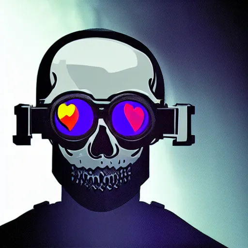 Prompt: a skull face with goggles in a cyberpunk aesthetic with the word pixel written above