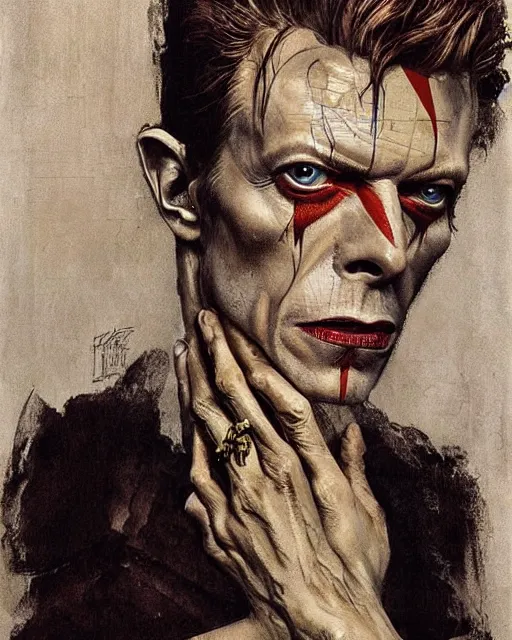 Prompt: portrait of david bowie as the devil by greg rutkowski in the style of egon schiele