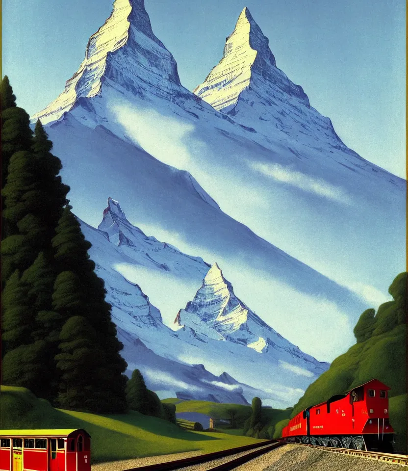 Image similar to an achingly beautiful print of a train in front of the matterhorn by raphael, hopper, and rene magritte. detailed, golden ratio, romantic, enchanting, trending on artstation