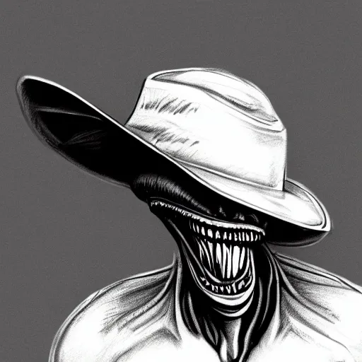 Image similar to a pencil sketch of a xenomorph wearing a cowboy hat, white background, fine detail, 8 k details