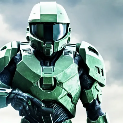 Prompt: film still of Joseph Gordon Levitt as master chief, holding helmet in new halo film, 4k