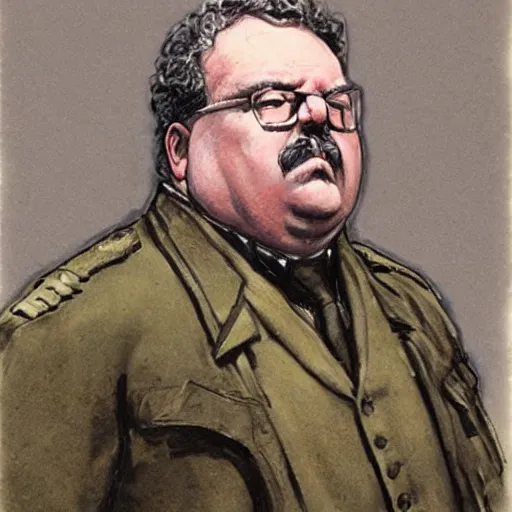 Image similar to gk chesterton as a buff mercenary in military gear. portrait by james gurney.