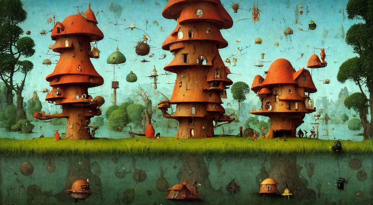 Image similar to single flooded simple!! toadstool birdhouse tower anatomy, very coherent and colorful high contrast masterpiece by norman rockwell franz sedlacek hieronymus bosch dean ellis simon stalenhag rene magritte gediminas pranckevicius, dark shadows, sunny day, hard lighting