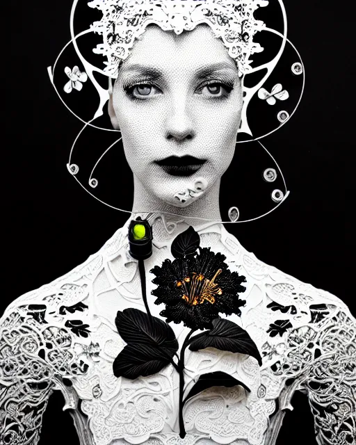 Image similar to black and white masterpiece profile portrait painting, dutch masters, silver lace floral steampunk biomechanical beautiful one techno eye young female cyborg, big monocular, volumetric light, leaves foliage and stems, hibiscus flowers, by cecile beaton, rim light, big gothic fashion pearl embroidered collar, 8 k