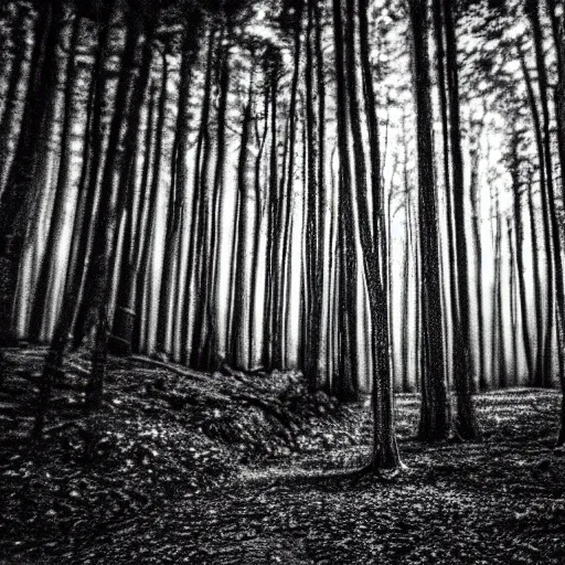 Prompt: a black and white blurry phone photo of a monster in a forest at night