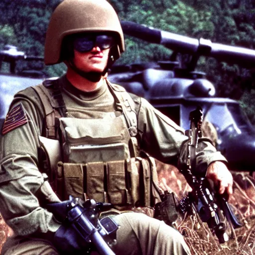 Prompt: cinematic shot of Elmo wearing 1960s U.S army combat armor and holding a rifle and sitting on the edge of a huey helicopter flying over a jungle, serious, epic,