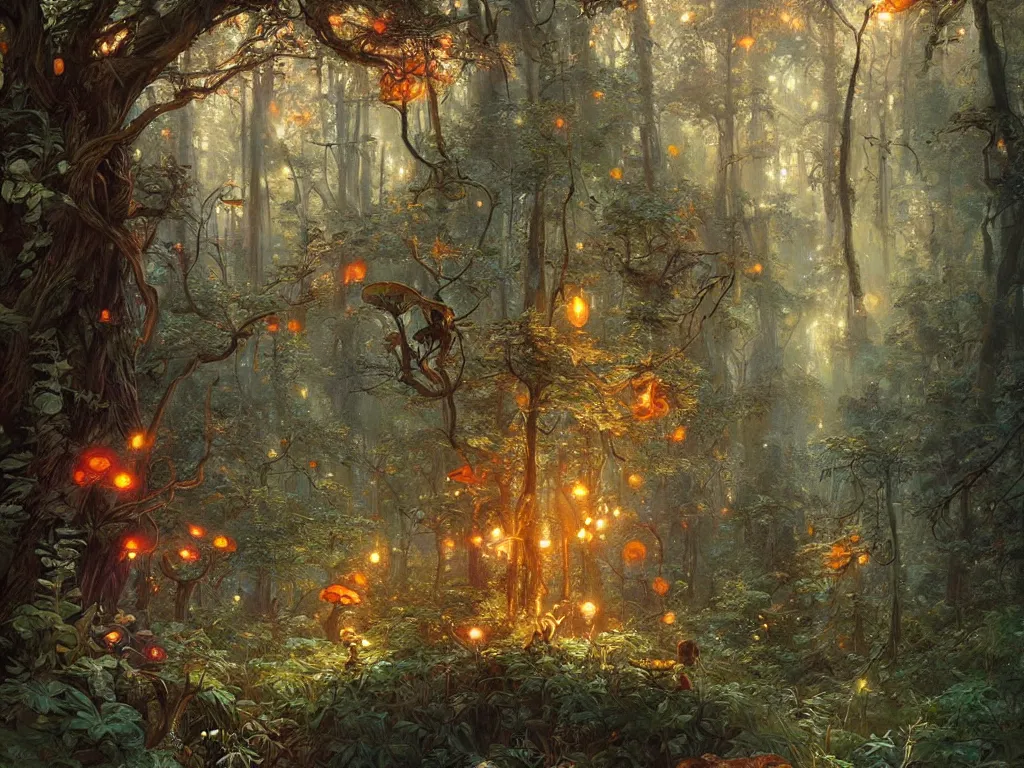 Image similar to Painting of a fantasy forest with mushrooms and fireflies, intricate, wild, highly detailed, digital painting, artstation, concept art, smooth, sharp focus, illustration, art by artgerm and greg rutkowski and alphonse mucha