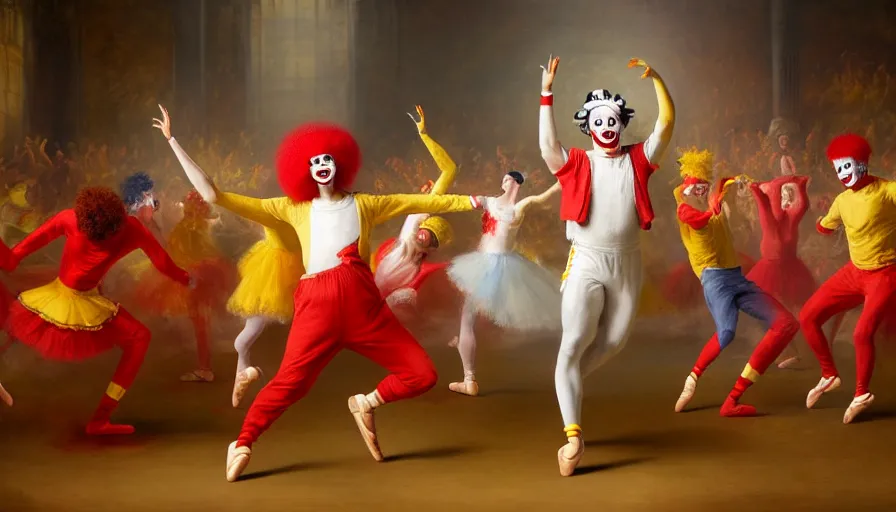 Prompt: highly detailed painting of a group of ronald mcdonalds with red afros, white facepaint, red noses and yellow tracksuits dancing at the ballet by william turner, by greg rutkowski, by william constable, thick brush strokes and visible paint layers, 4 k resolution