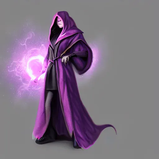 Image similar to female warlock long hood cloak purple, beautiful face purple eyes. fighting monster with magic, 8 k, trending on artstation by tooth wu