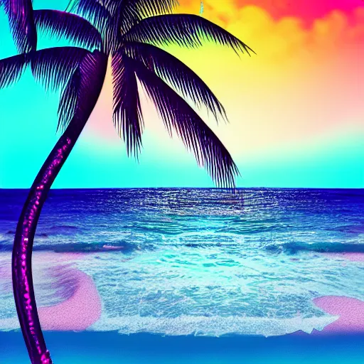 Prompt: synthwave pink beach with palm trees and neon water