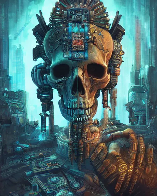 Prompt: digital painting of cyberpunk skull mayan god of death by filipe pagliuso and justin gerard symmetric fantasy highly detailed realistic intricate port