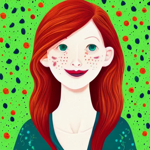 Prompt: portrait of a red haired girl softly smiling among fireflies, with long hair, green eyes, round face, hint of freckles, colorful pixel art