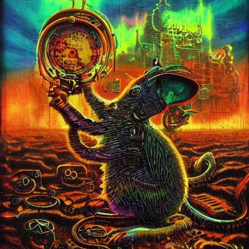 Image similar to steampunk rat, acid, 303, psychedelic, by paul lehr