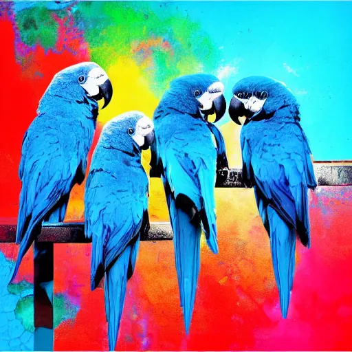 Image similar to blue parrots emerging from fluids, ink splash, intricate details, 16k, post processing, saturated blue colours