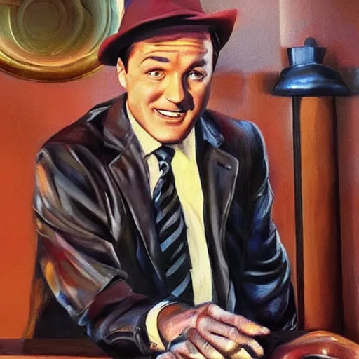 Image similar to beautiful lifelike painting of gene kelly demanding a refund on undercooked overpriced dinosaur steak in downtown dive bar bistro, hyperreal detailed facial features and uv lighting, art by osamu sato and ryu noguchi