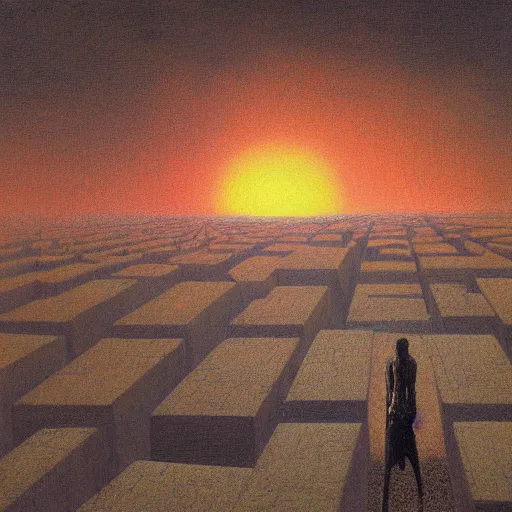 Prompt: a person trapped in a gigantic stone maze, yellow sky, by Beksinski