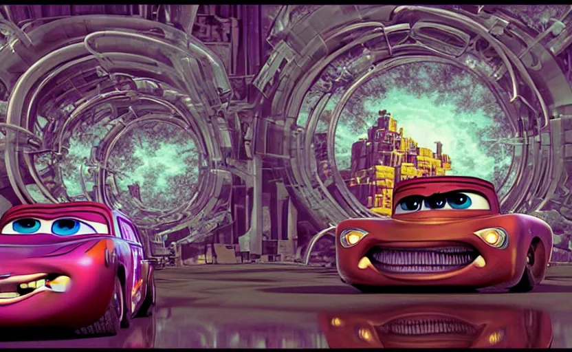 Image similar to mater from cars in a mirrored fractal hallway, romance novel cover, dmt visualization, in 1 9 9 5, y 2 k cybercore, industrial photography, still from a ridley scott movie