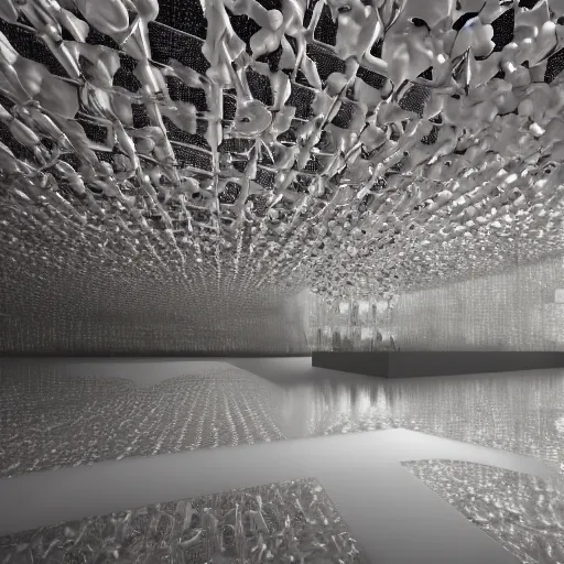 Prompt: a biological cell building composed of many white spherical egg shaped spaces arranged up and down. on the calm lake, people's perspective, future, interior wood, marble, award winning, highly detailed 4 k art, dusk, unreal engine highly rendered, global illumination, radial light, internal environment by yayoi kusama