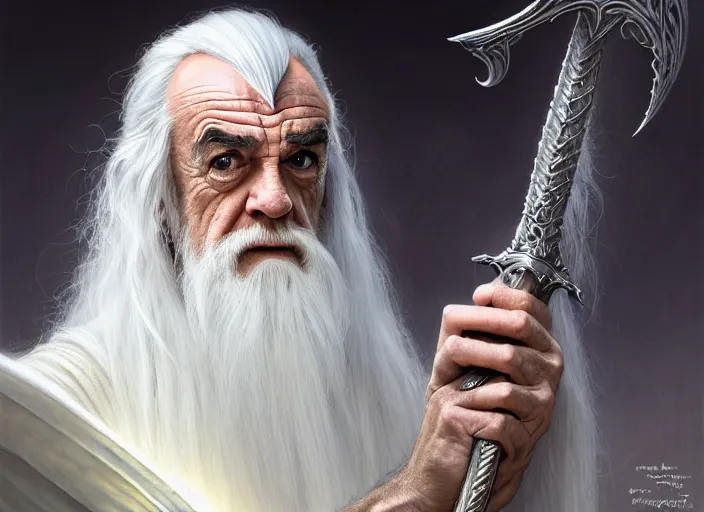 Prompt: white haired sean connery as gandalf, lord of the rings, robes, intricate, elegant, highly detailed, centered, digital painting, artstation, concept art, smooth, sharp focus, illustration, artgerm, tomasz alen kopera, peter mohrbacher, donato giancola, joseph christian leyendecker, wlop, frank frazetta