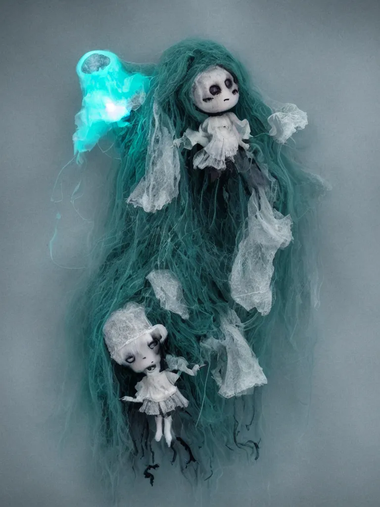 Prompt: cute fumo plush smiling ectoplasmic jellyfish ghost girl lingering in deep fog over mysterious waters, patchwork doll chibi gothic maiden in tattered melting rags, glowing wisps of hazy green smoke and eerie blue volumetric fog swirling about, moonlight, glowing lens flare, black and white, vray