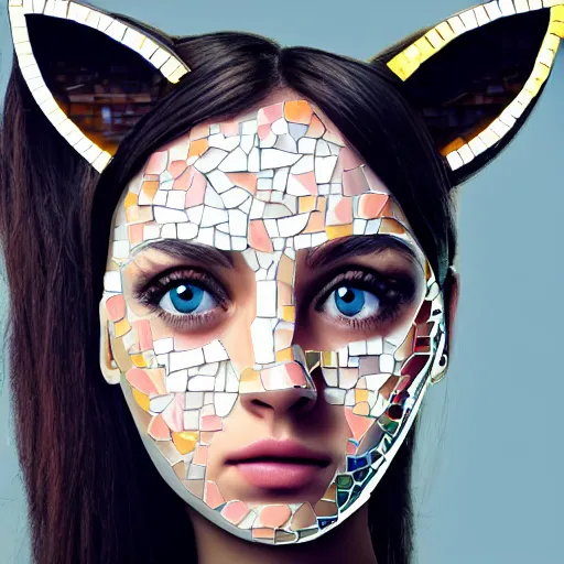 Prompt: mosaic of a beautiful cute girl with robot ears and eyes, 4k, intricate details