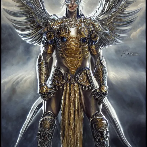 Image similar to a beautiful muscular symmetrical male angel wearing a silver armor with golden ornaments and diamonds jewelry by alex gray and android jones, karol bak, ayami kojima, amano, concept art, character design, fantasy, 3 d, 8 k resolution