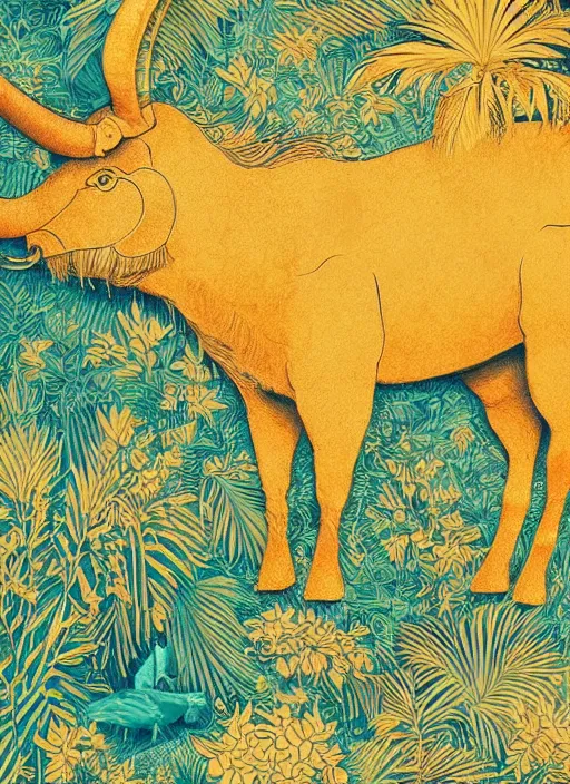 Image similar to golden paper + an intricate ox depiction + elaborate illustration, very detailed, deviantart, 8 k vertical wallpaper, tropical, colorful, airy, illustration, nature