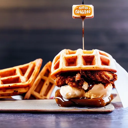 Image similar to photograph of a crispy Cajun fried chicken sandwich with Belgian Waffle Bun, maple syrup & hot fudge, ice cream on the side, 4K, HD