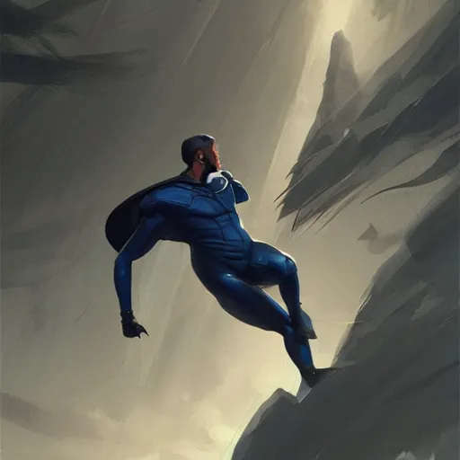 Image similar to a hero named rope man, his suit is black and blue and he has a bat like wing suit under it, mystic, concept art, artstation, greg rutkowski, reference sheet