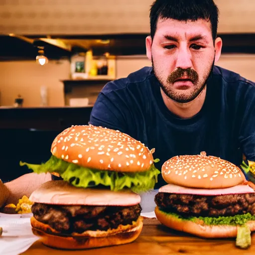 Prompt: Photography of a man being forced to eat 50 burgers.