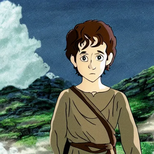 Prompt: promotional image of elijah wood as frodo in lord of the rings by studio ghibli, movie still frame