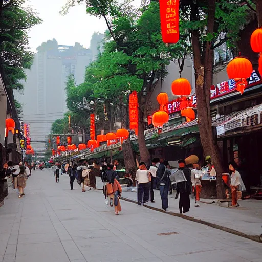 Image similar to A street full of restaurants in Hangzhou in the early 2000s, evening