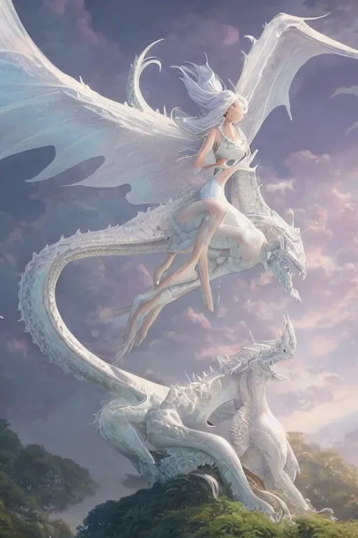 Image similar to beautiful scene render that a princess ride on a huge silver white dragon back, finely detailed angelic face delicate features, in the fairyland surrounded by white clouds, perfectly shaded, atmospheric lighting, style of makoto shinkai and peter mohrbacher, studio ghibli. artgerm, karol bak, beeple, animation style, 8 k hd, hyper detailed