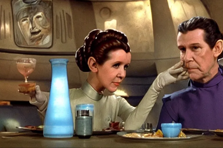 Image similar to princess leia having lunch at quark's bar on deep space nine